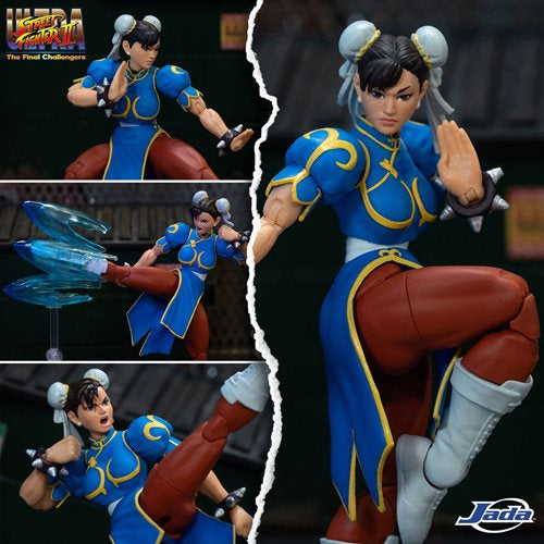 Action figure in blue and red outfit with dynamic pose, featuring Ultra Street Fighter II logo.