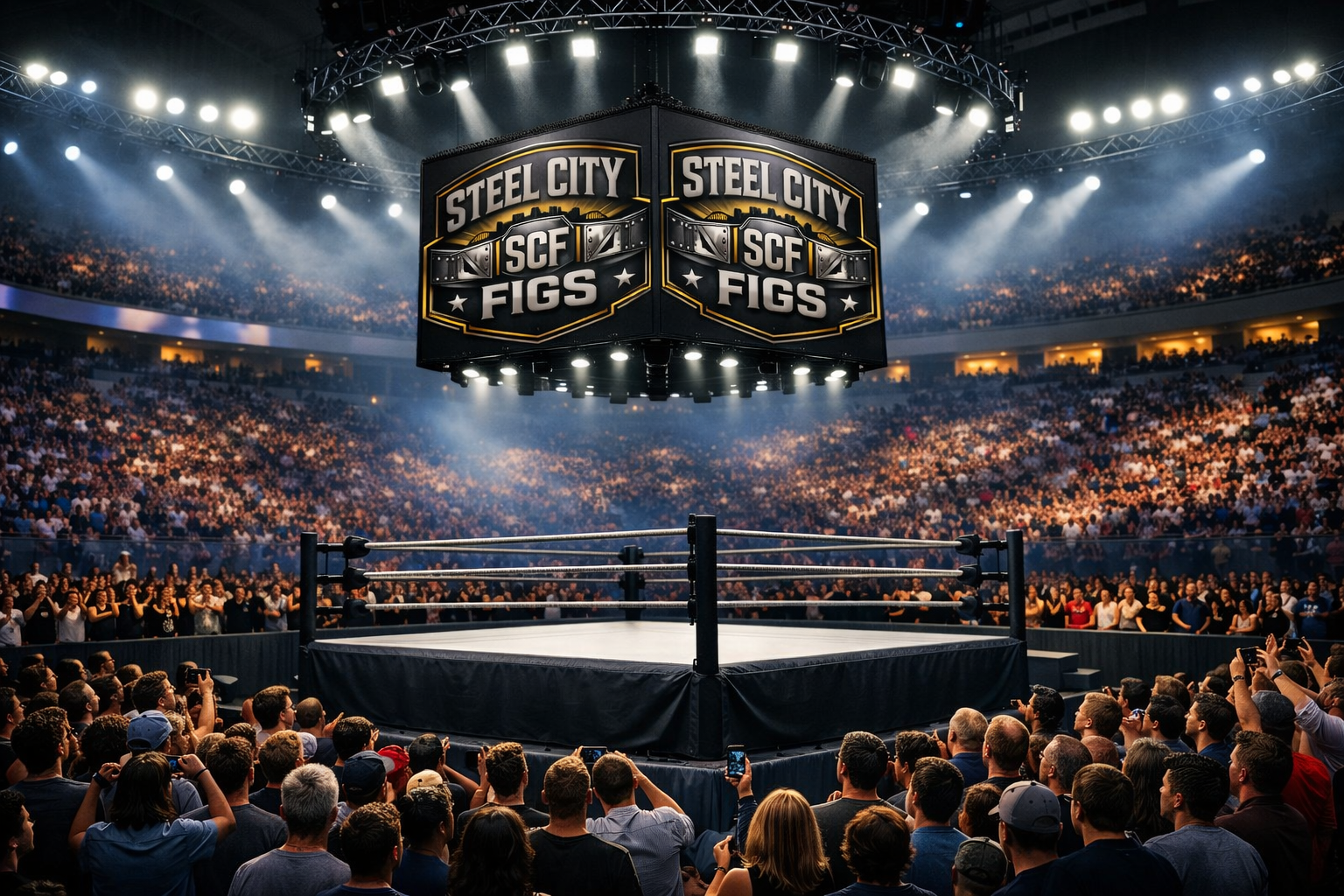 A large indoor arena packed with spectators around a boxing ring, with two prominent overhead screens reading STEEL CITY SCF FIGS. The scene is illuminated by bright overhead stage lights and smoke effects, creating a dramatic event atmosphere.